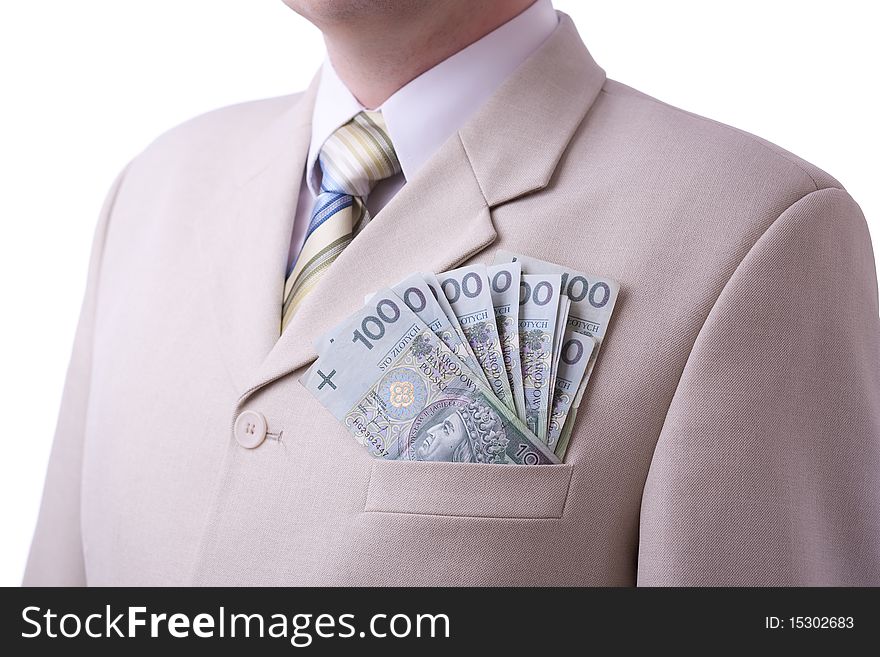 Caucasian businessman in white suit, and pocket full of money. White background. Caucasian businessman in white suit, and pocket full of money. White background.