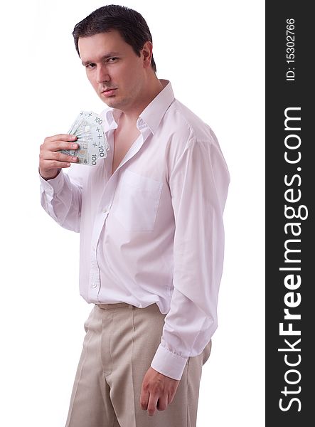 Attractive, a businessman with money undresses. White background.