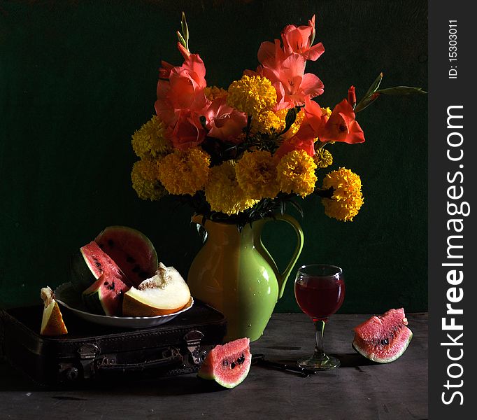 Still life with marigolds and gladioluses