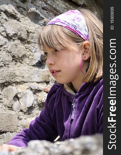Young girl admiring ruins in Kent UK. Young girl admiring ruins in Kent UK