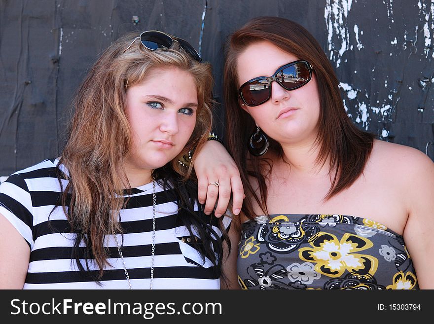 Portrait of 2 sisters against a grunge background. Portrait of 2 sisters against a grunge background