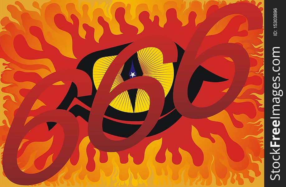 Eye of the Devil and the number 666 on the background of burning flame. Eye of the Devil and the number 666 on the background of burning flame