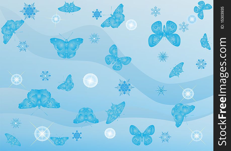 Abstract winter background of falling snowflakes and flying butterflies. Abstract winter background of falling snowflakes and flying butterflies