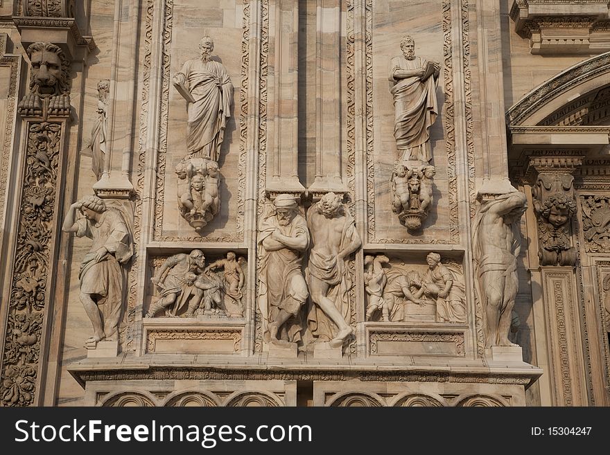 Detail on the Facade of the Duomo Cathedral Church in Milan. Detail on the Facade of the Duomo Cathedral Church in Milan