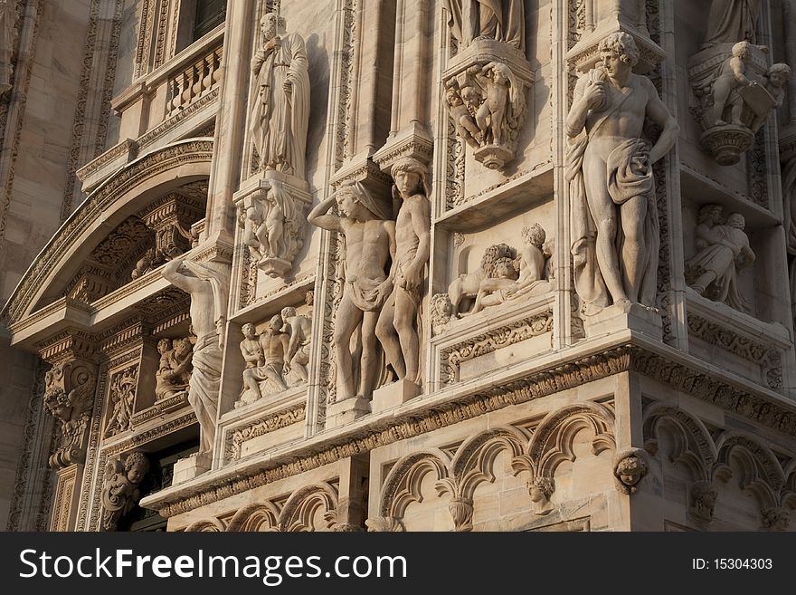 Figure on the main Facade of Duomo Cathedral Church in Milan; Italy