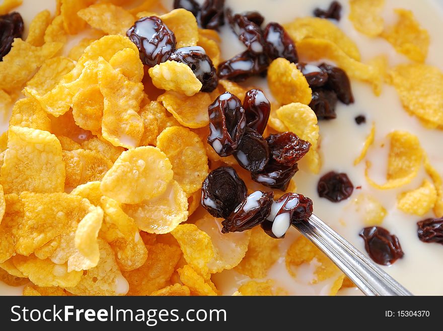 Healthy cereal in soya milk with raisins and nuts for a nutritious and healthy breakfast or meal. Also for healthy eating and lifestyle, diet and nutrition, and food and beverage concepts.