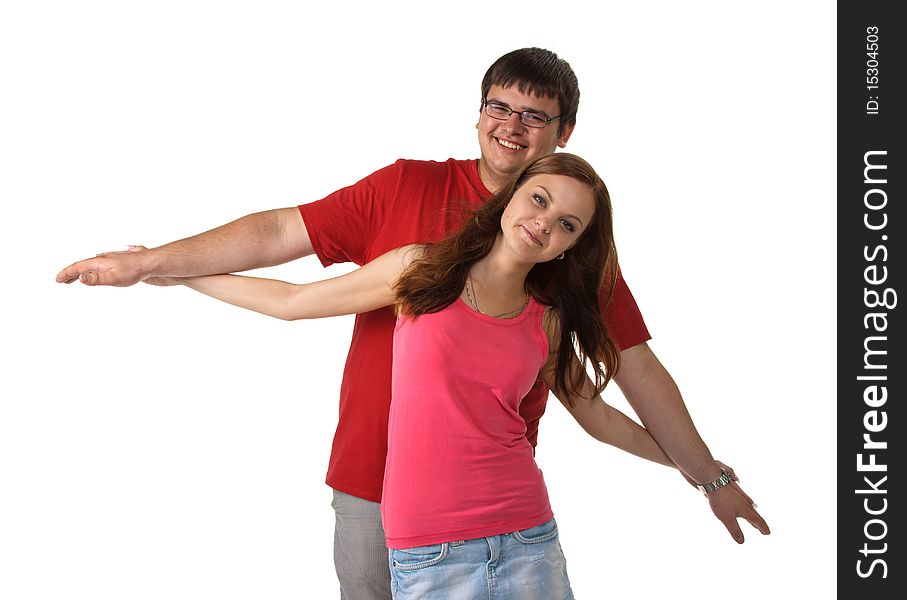 Happy young couple on a white background