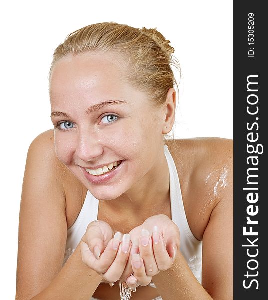 Blonde girl and water on a white background