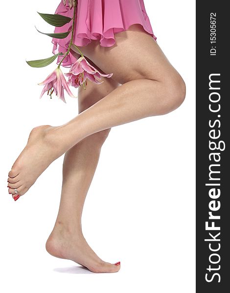 Woman Legs With Pink Nightie And Flowers