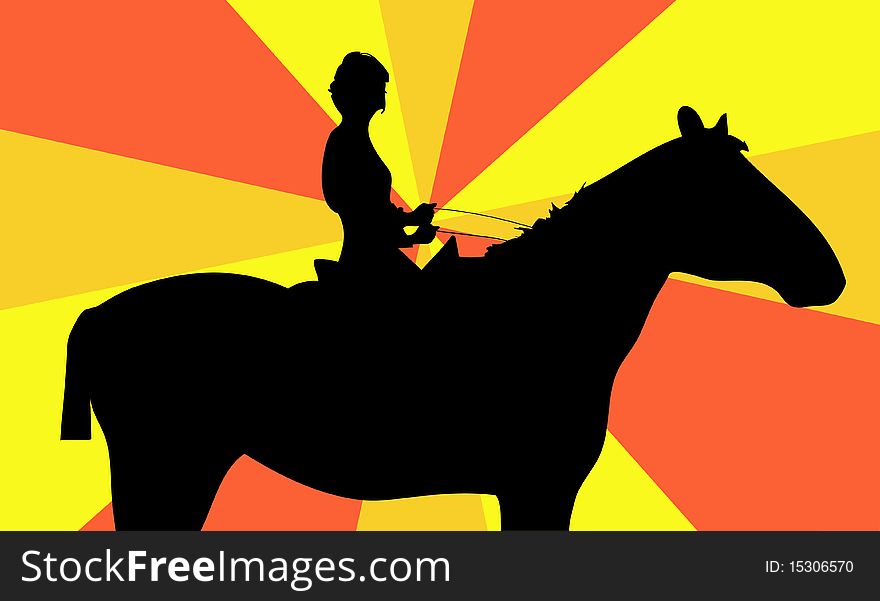The illustrated girl sits on a horse on a bright background. The illustrated girl sits on a horse on a bright background