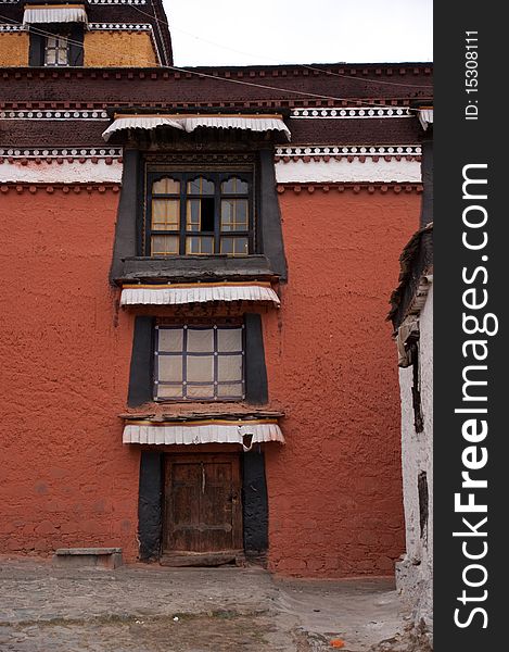 Traditional house with white and red exterior in tibet china. Traditional house with white and red exterior in tibet china