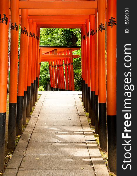 Bright orange arches leading to a temple. Bright orange arches leading to a temple.