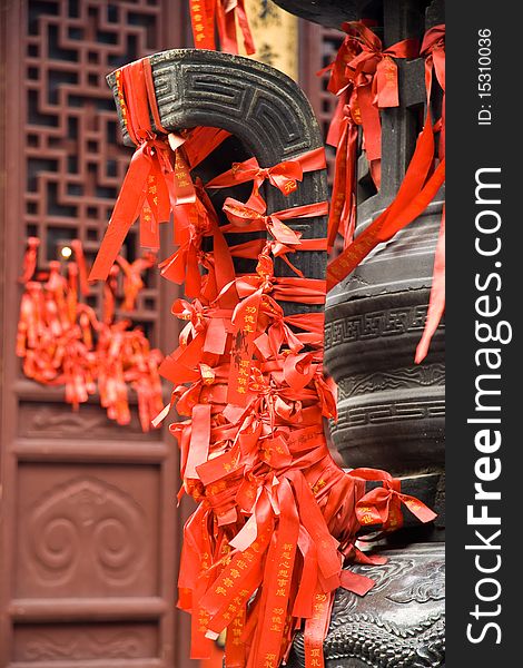 Chinese prayer ribbons hanging at Jade Buddha temple in Shanghai