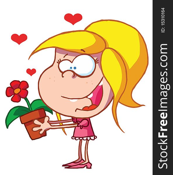 Excited blond caucasian girl holding a flower growing in a pot. Excited blond caucasian girl holding a flower growing in a pot