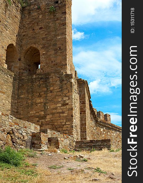 Genoese fortress in Sudak, Crimea, Ukraine. Wall and tower view