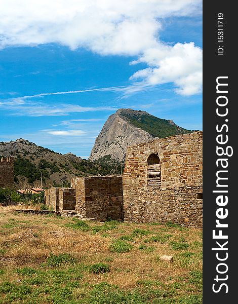 Genoese fortress in Sudak, Crimea, Ukraine. Wall and tower