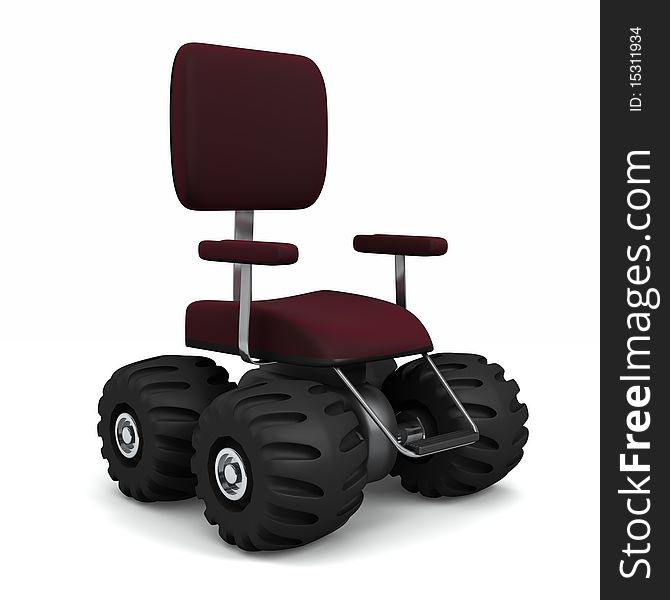 4 wheel drive office chair. Big monster truck tires. Isolated on white. 4 wheel drive office chair. Big monster truck tires. Isolated on white