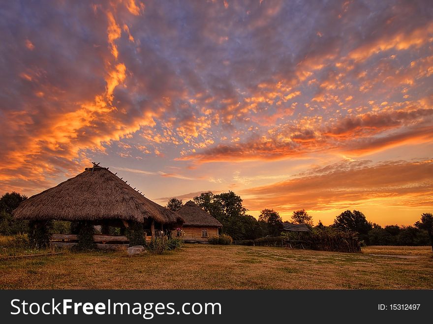 Country landscape with the cottage at sunrise. Country landscape with the cottage at sunrise