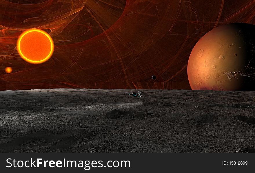 Space scene of surface of planet with spaceship