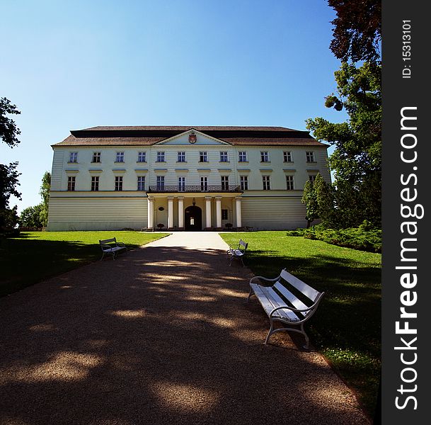 Palace with incoming path and benches, Hradec nad Moravici, Czech Republic. Palace with incoming path and benches, Hradec nad Moravici, Czech Republic