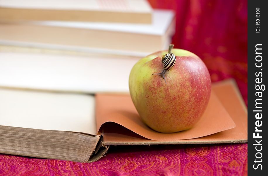 An apple on a book. The snail is slowly moving - metaphor for learning or research. An apple on a book. The snail is slowly moving - metaphor for learning or research.