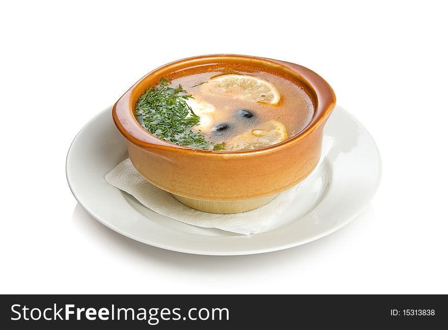 A spicy russian soup of vegetables and meat or fish.
Isolated on white by clipping path. A spicy russian soup of vegetables and meat or fish.
Isolated on white by clipping path.