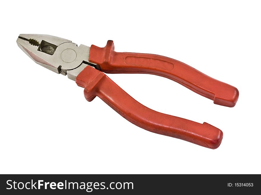 Flat-nose pliers with red rubber handle isolated on the white. Flat-nose pliers with red rubber handle isolated on the white