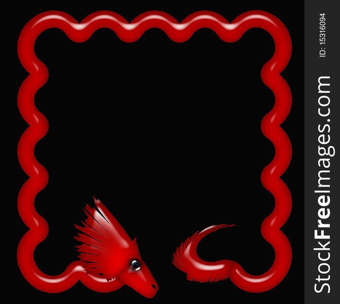 Red neon dragon encircles black center illustration