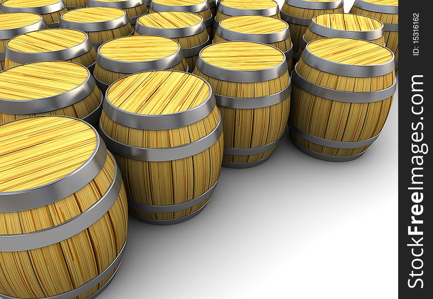 3d illustration of barrels group over white background. 3d illustration of barrels group over white background