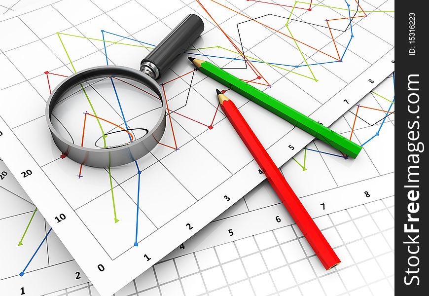 3d illustration of business diagrams and magnify glass