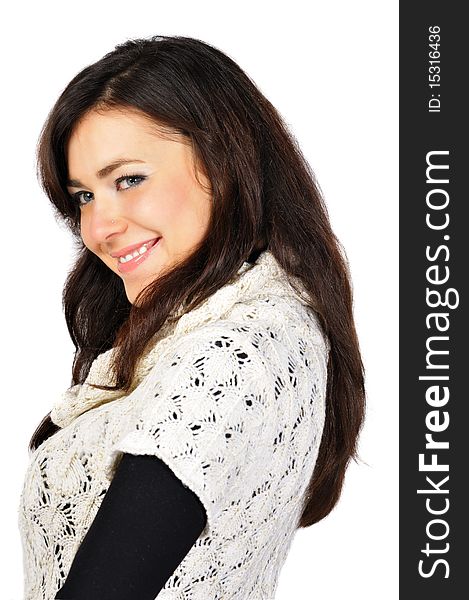 Portrait of beautiful young smiling model dressed in duotone and white knitted jerkin, isolated on white