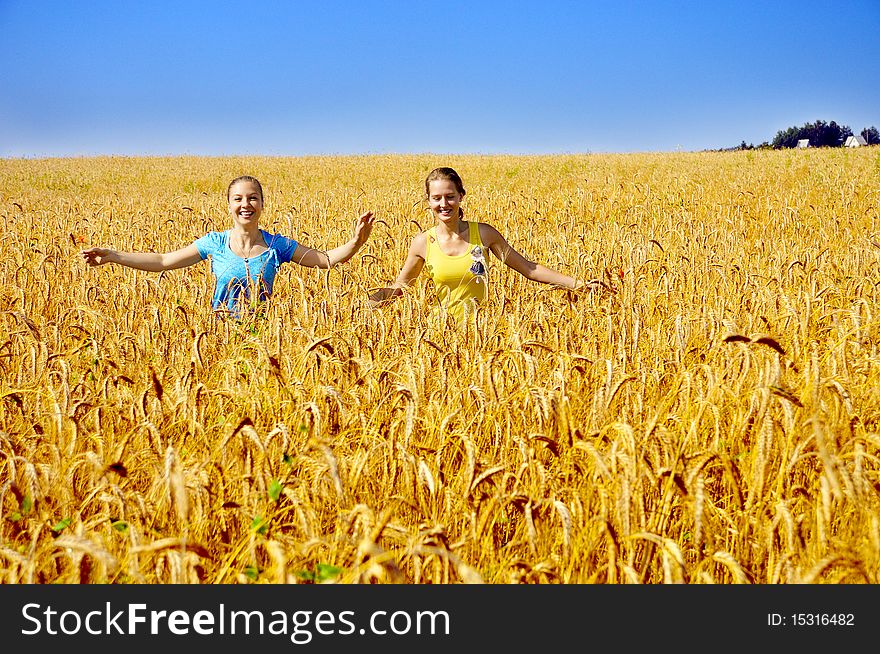 Two beautiful girls walk through golden field