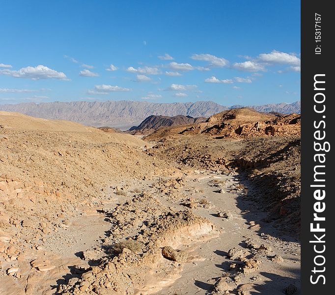 Dry creek in rocky desert in Timna National park in Israel