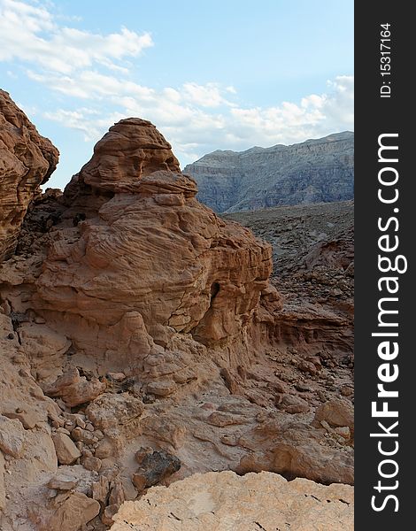 Rocky desert landscape at sunset