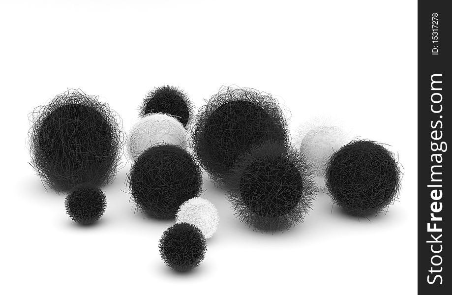 3d black and white fur balls