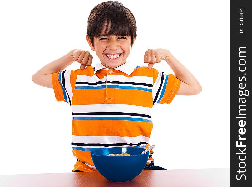 Young boy showing his strength by raising his arms on isolated white background. Young boy showing his strength by raising his arms on isolated white background