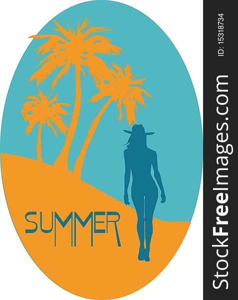 Vector tropical background with girl and palms