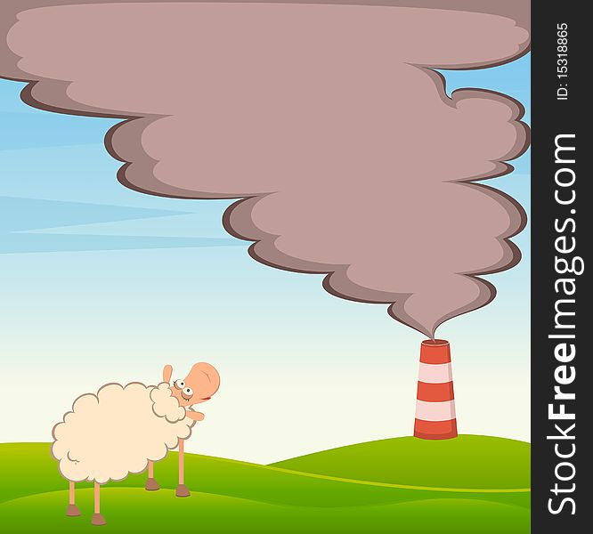 Sheep looks as a factory is contaminated by atmosphere by poisonous garbage