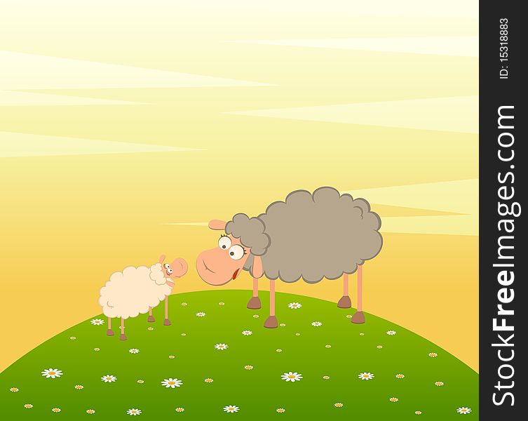 Family of cartoon sheep on landscape background