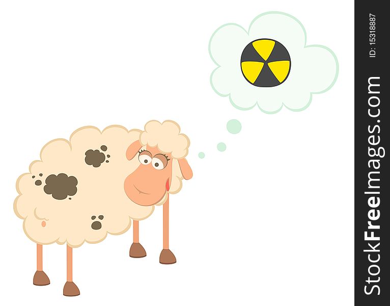 Cartoon sick sheep looks at poisonous spots on the wool. Cartoon sick sheep looks at poisonous spots on the wool