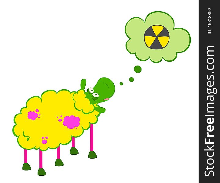 Cartoon sick sheep looks with poisonous spots on the wool