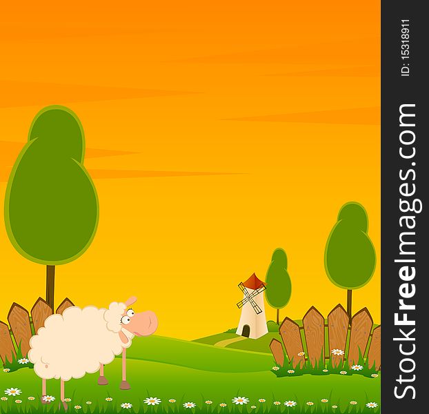 Landscape background with house and cartoon sheep. Landscape background with house and cartoon sheep