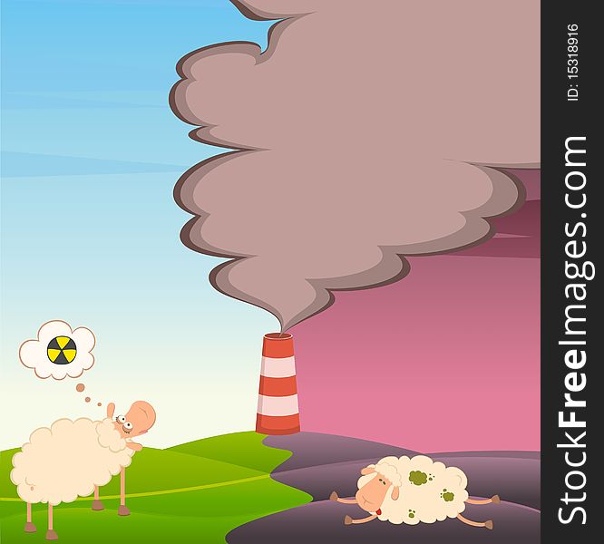 Healthy sheep looks at a dead sheep and factory is contaminated by atmosphere
