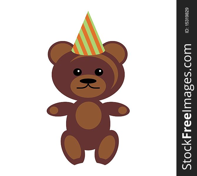 Teddy bear in party cap on white