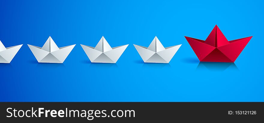 Swimming origami ship leading the team group of smaller ships, business leadership concept, vector modern style 3d realistic