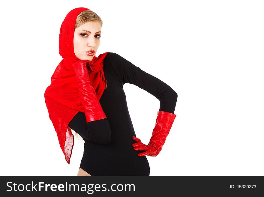 Portrait of a beautiful cute young gir in red scarf and gloves on white background. Portrait of a beautiful cute young gir in red scarf and gloves on white background