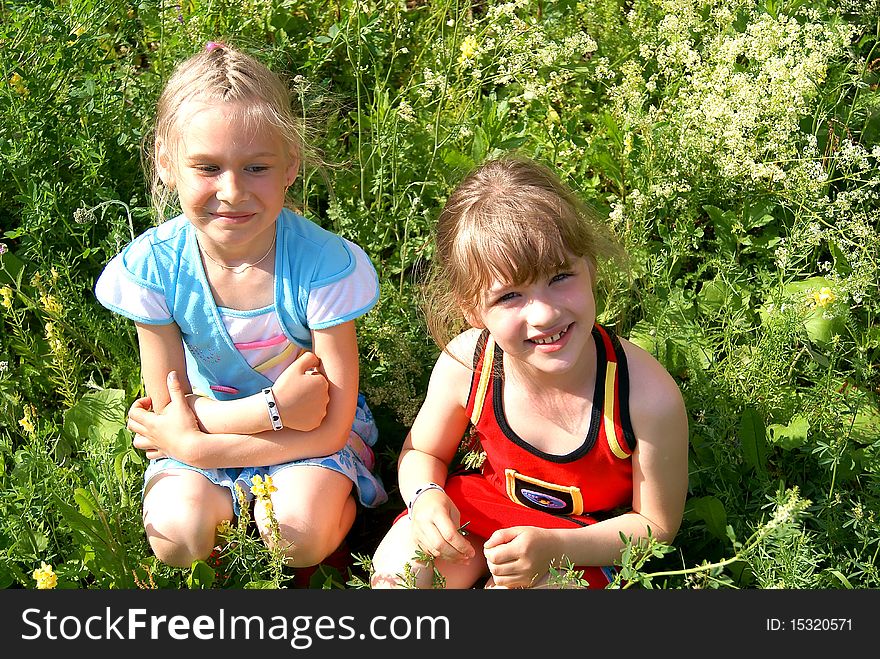 Two girl-friends sit on a green grass in the summer. Two girl-friends sit on a green grass in the summer