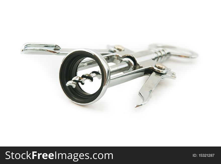 The Wine corkscrew on white background. Focus on front part