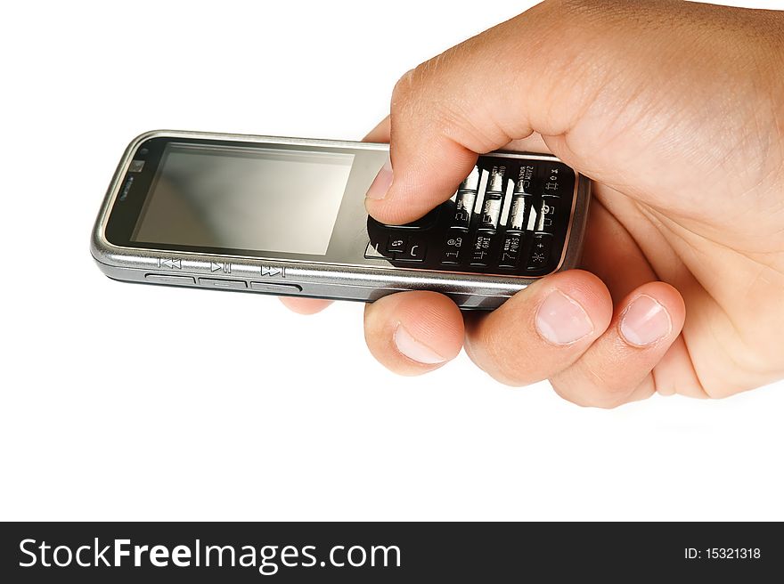 Sleek cell phone in hand with blank gray screen. Sleek cell phone in hand with blank gray screen.