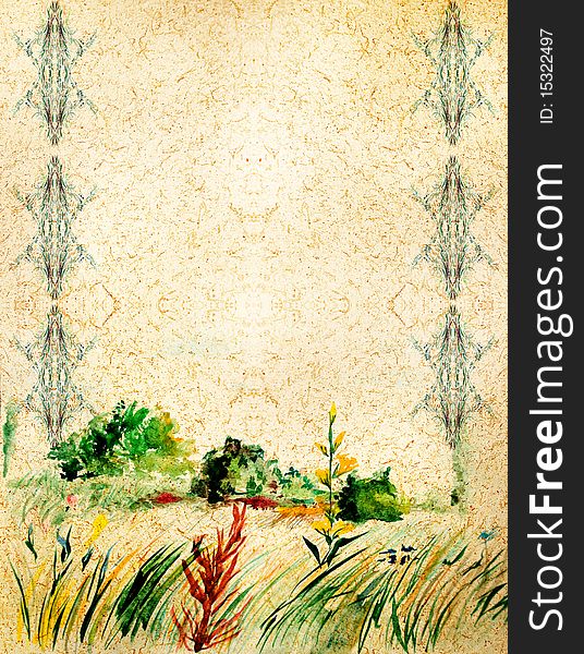 Background with plant patterns and landscape